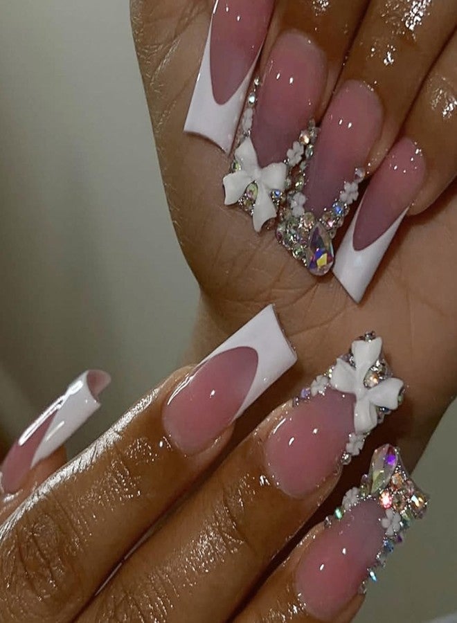 BSBTBZ 24pcs Long Press on Nails Coffin Nails Shiny with Charms French luxury Fake Nails Bow Flower Designs Cute Press ons Rhinestone Nails White French False Nail Tip Artificial Nails Finger Manicure - Image 1